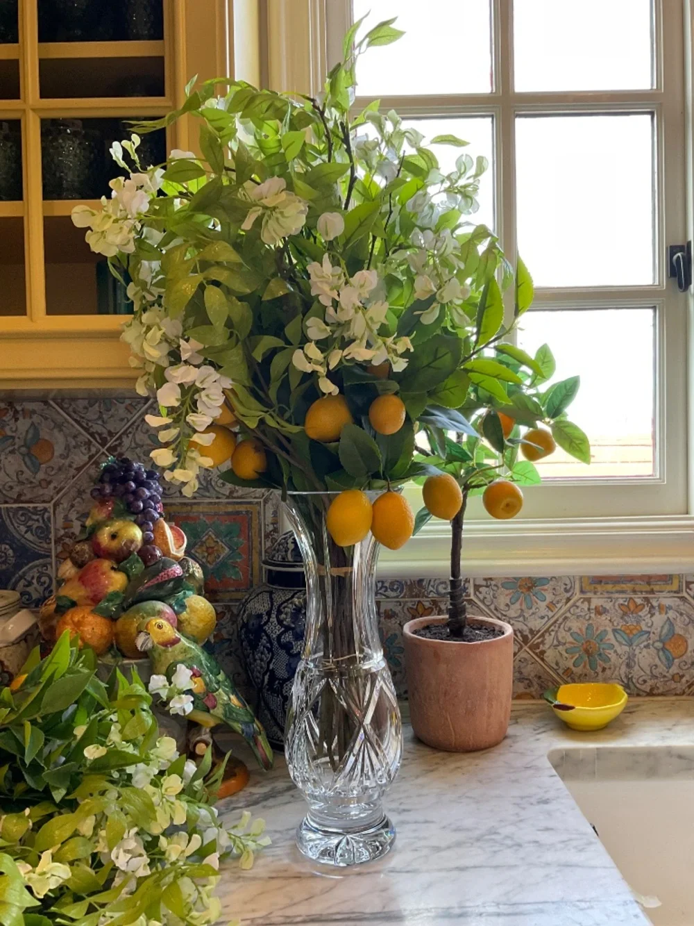 Pair of 2 faux flower arrangement made with faux lemons and small white/ green
